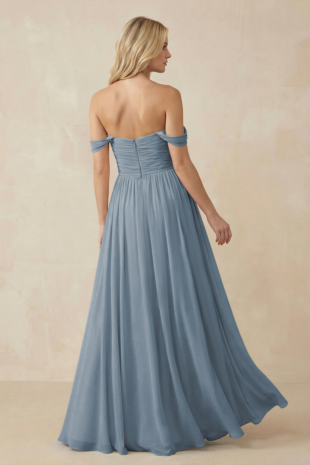 A-Line Pleated Long Chiffon Bridesmaid Dress in Dusty Blue