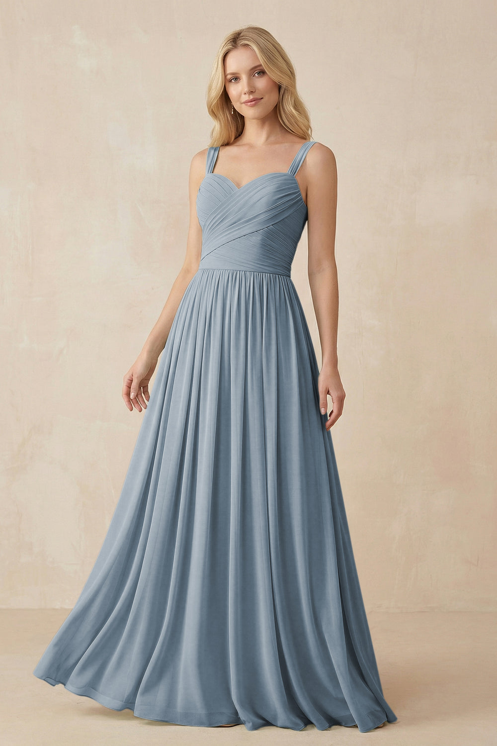A-Line Pleated Long Chiffon Bridesmaid Dress in Dusty Blue