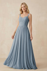 Dusty Blue A-Line Pleated Long Chiffon Bridesmaid Dress | KISSBRIDAL