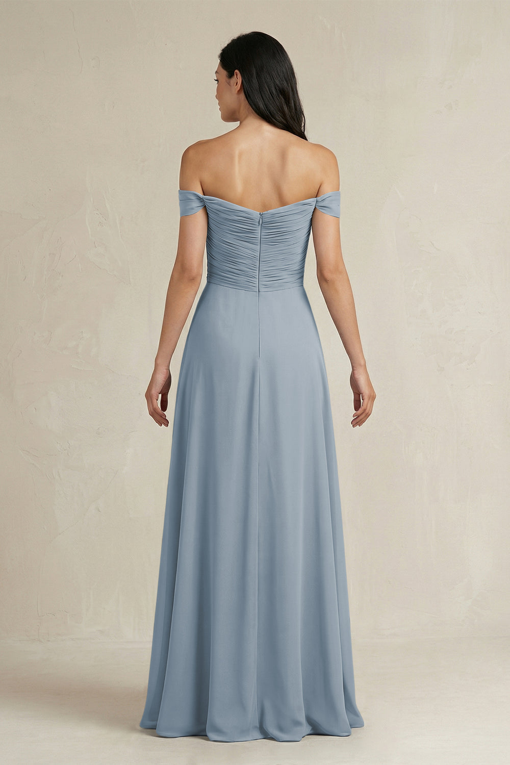 A-Line Pleated Off-the-Shoulder Chiffon Bridesmaid Dress in Dusty Blue