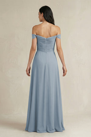 Dusty Blue A-Line Pleated Off-the-Shoulder Chiffon Bridesmaid Dress (2) | KISSBRIDAL