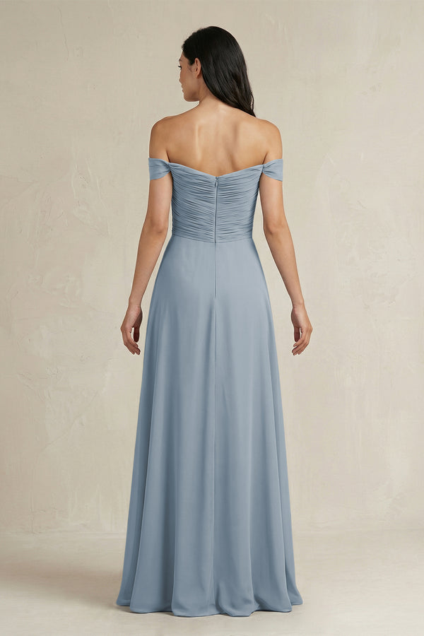 Dusty Blue A-Line Pleated Off-the-Shoulder Chiffon Bridesmaid Dress (2) | KISSBRIDAL