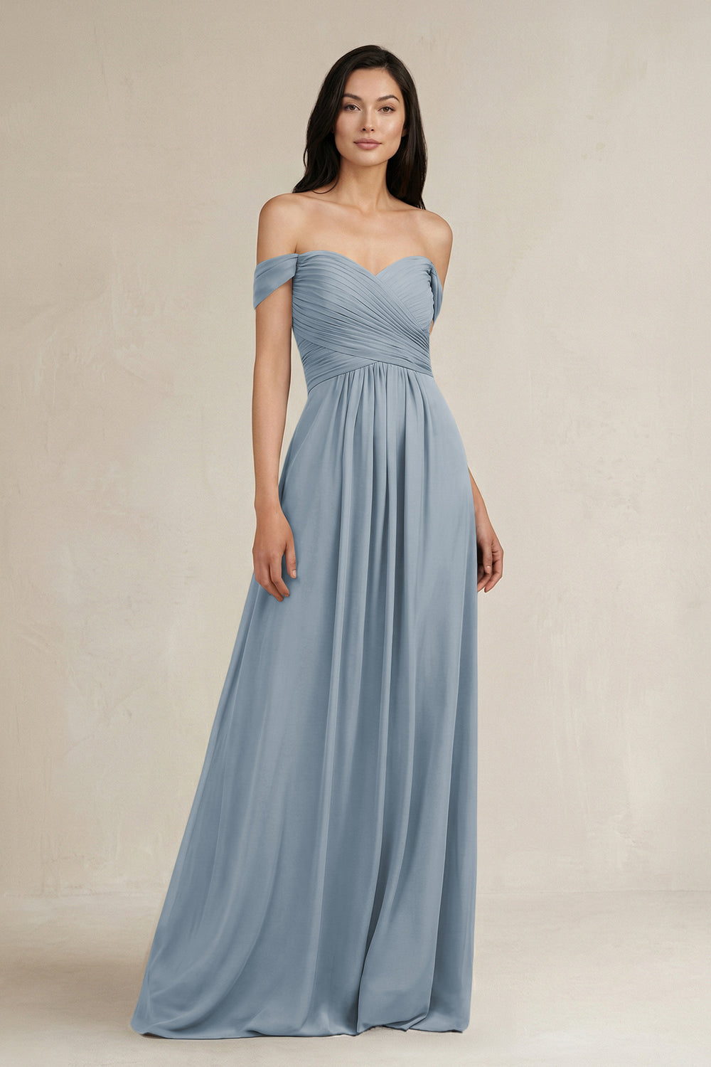 A-Line Pleated Off-the-Shoulder Chiffon Bridesmaid Dress in Dusty Blue