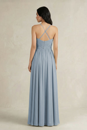 Dusty Blue A-Line Pleated Spaghetti Strap Chiffon Bridesmaid Dress (2) | KISSBRIDAL