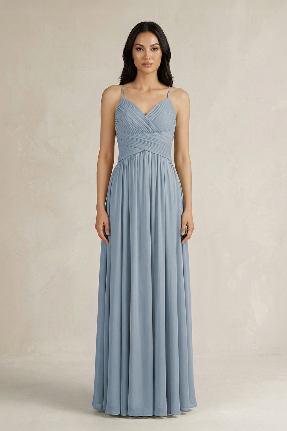 A-Line Pleated Spaghetti Strap Chiffon Bridesmaid Dress in Dusty Blue