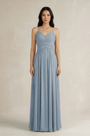 Dusty Blue A-Line Pleated Spaghetti Strap Chiffon Bridesmaid Dress | KISSBRIDAL
