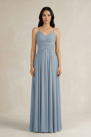 Dusty Blue A-Line Pleated Spaghetti Strap Chiffon Bridesmaid Dress | KISSBRIDAL
