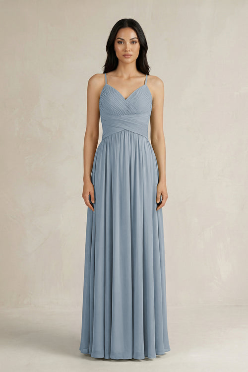 Dusty Blue A-Line Pleated Spaghetti Strap Chiffon Bridesmaid Dress | KISSBRIDAL