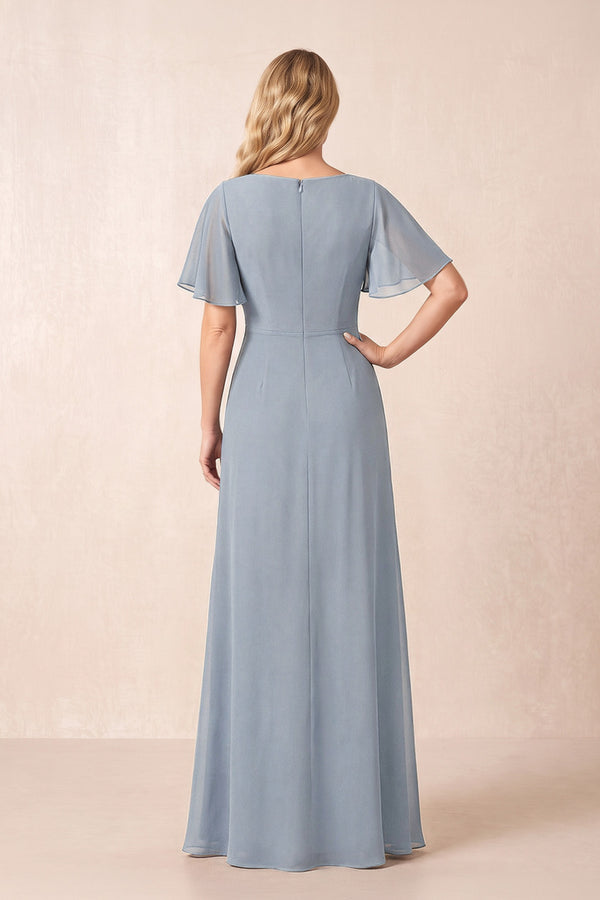 Dusty Blue A-Line Ruched Chiffon Mother of the Bride Dress with Ruffled Sleeves (2) | KISSBRIDAL
