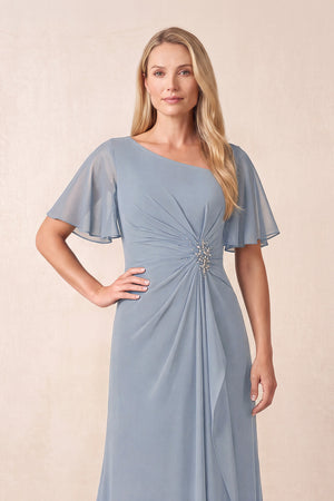 Dusty Blue A-Line Ruched Chiffon Mother of the Bride Dress with Ruffled Sleeves (3) | KISSBRIDAL