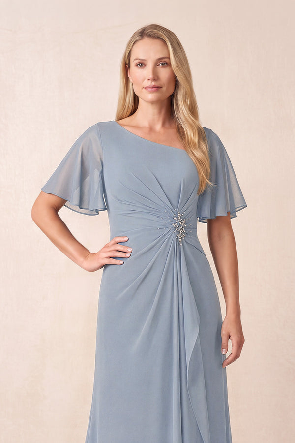 Dusty Blue A-Line Ruched Chiffon Mother of the Bride Dress with Ruffled Sleeves (3) | KISSBRIDAL