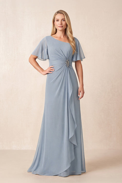 Dusty Blue A-Line Ruched Chiffon Mother of the Bride Dress with Ruffled Sleeves | KISSBRIDAL