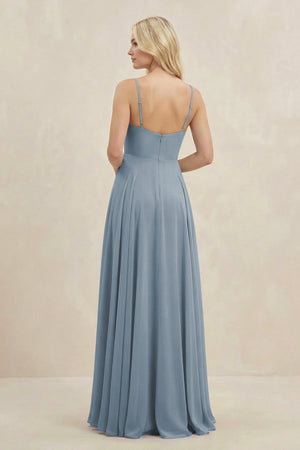 Dusty Blue A-Line Spaghetti Strap Chiffon Bridesmaid Dress (2) | KISSBRIDAL