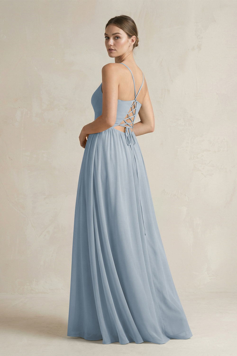 A-Line Spaghetti Strap Chiffon Bridesmaid Dress in Dusty Blue