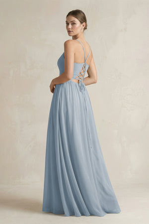 Dusty Blue A-Line Spaghetti Strap Chiffon Bridesmaid Dress (2) | KISSBRIDAL