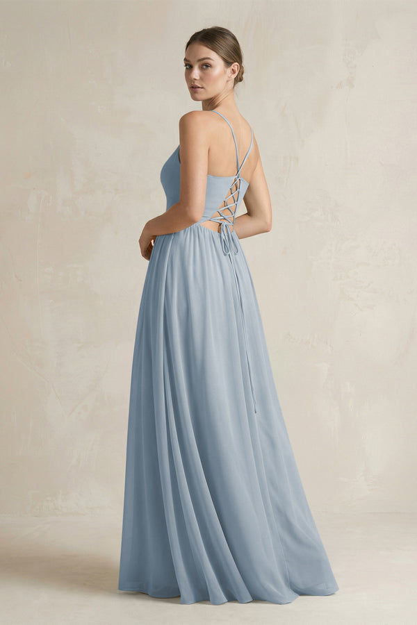 Dusty Blue A-Line Spaghetti Strap Chiffon Bridesmaid Dress (2) | KISSBRIDAL