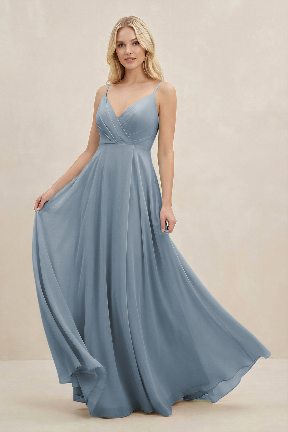 A-Line Spaghetti Strap Chiffon Bridesmaid Dress in Dusty Blue