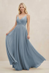 Dusty Blue A-Line Spaghetti Strap Chiffon Bridesmaid Dress | KISSBRIDAL