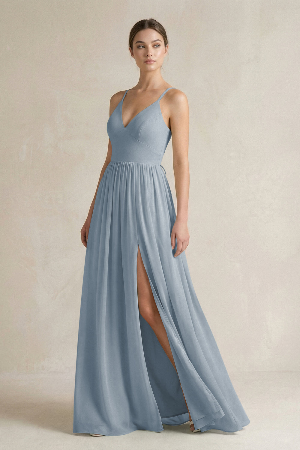 A-Line Spaghetti Strap Chiffon Bridesmaid Dress in Dusty Blue