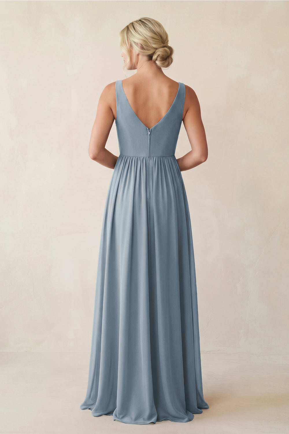 A-Line V-Neck Pleated Chiffon Bridesmaid Dress in Dusty Blue