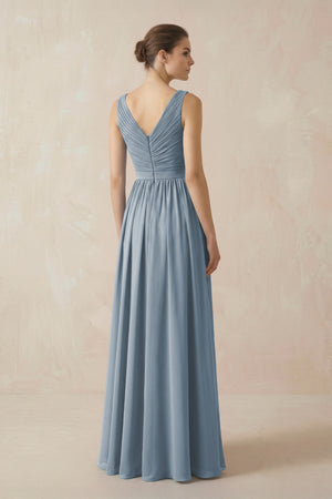 Dusty Blue A-Line V-Neck Pleated Chiffon Bridesmaid Dress (2) | KISSBRIDAL