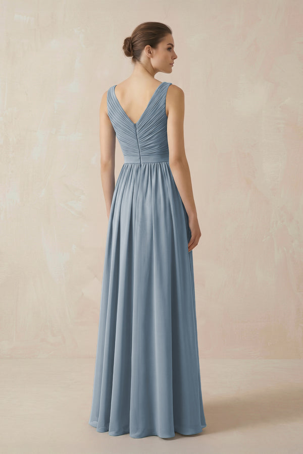 Dusty Blue A-Line V-Neck Pleated Chiffon Bridesmaid Dress (2) | KISSBRIDAL