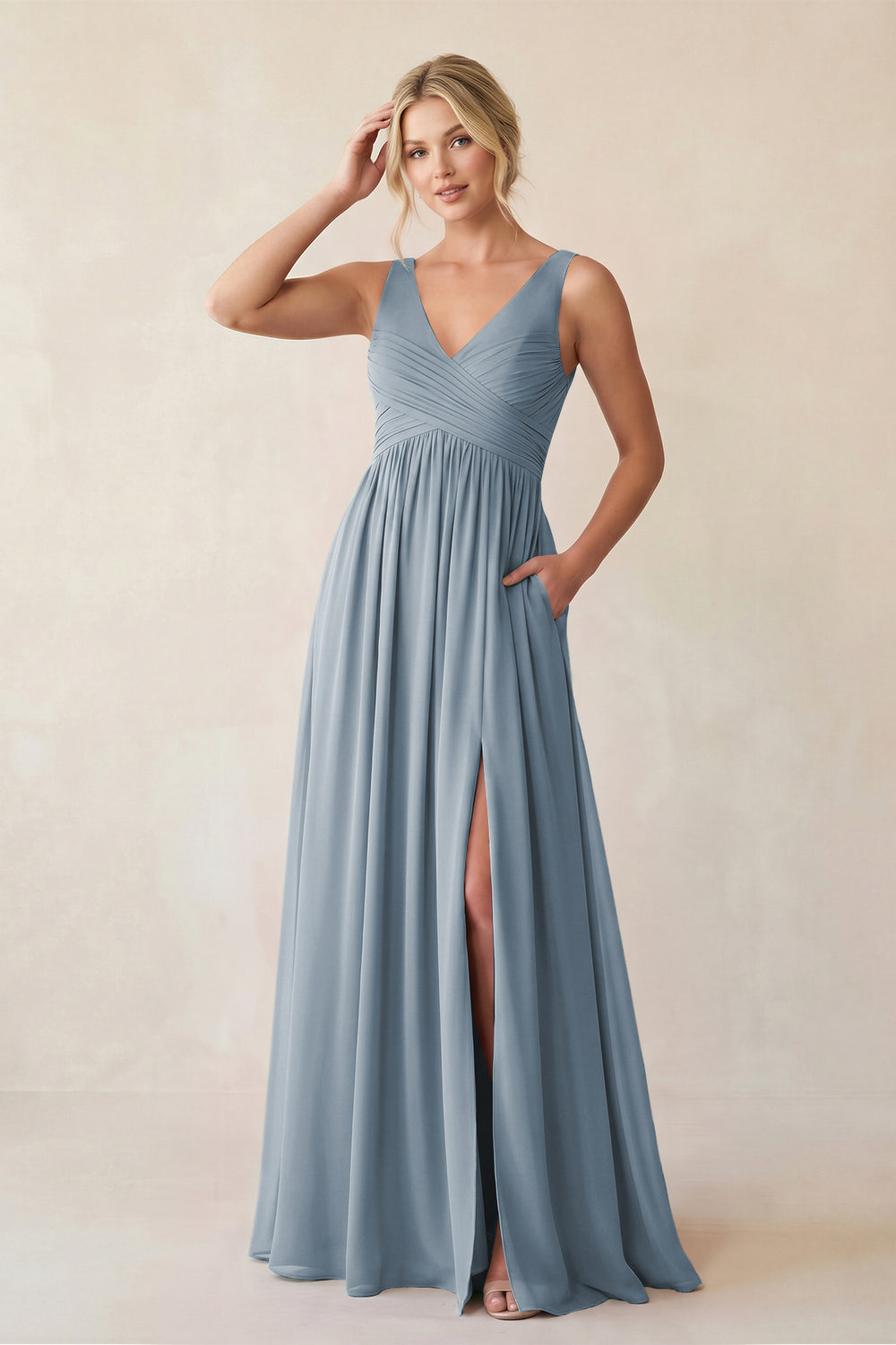 A-Line V-Neck Pleated Chiffon Bridesmaid Dress in Dusty Blue