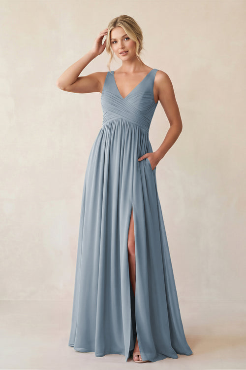 Dusty Blue A-Line V-Neck Pleated Chiffon Bridesmaid Dress | KISSBRIDAL