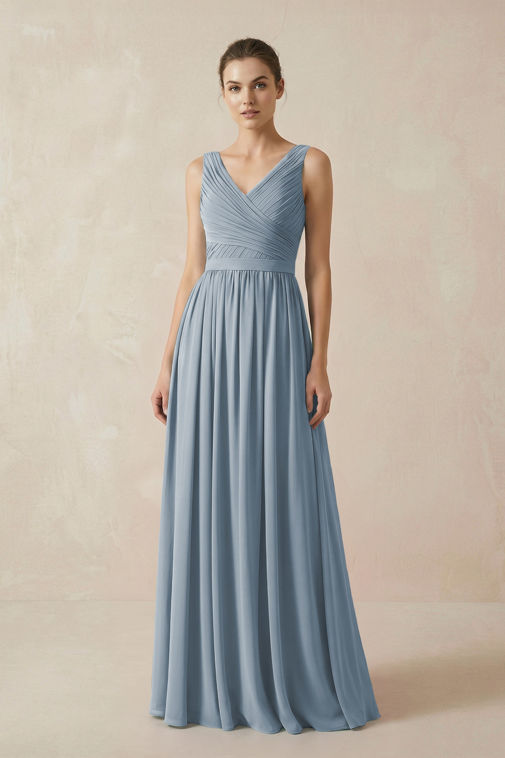 A-Line V-Neck Pleated Chiffon Bridesmaid Dress in Dusty Blue