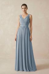 Dusty Blue A-Line V-Neck Pleated Chiffon Bridesmaid Dress | KISSBRIDAL