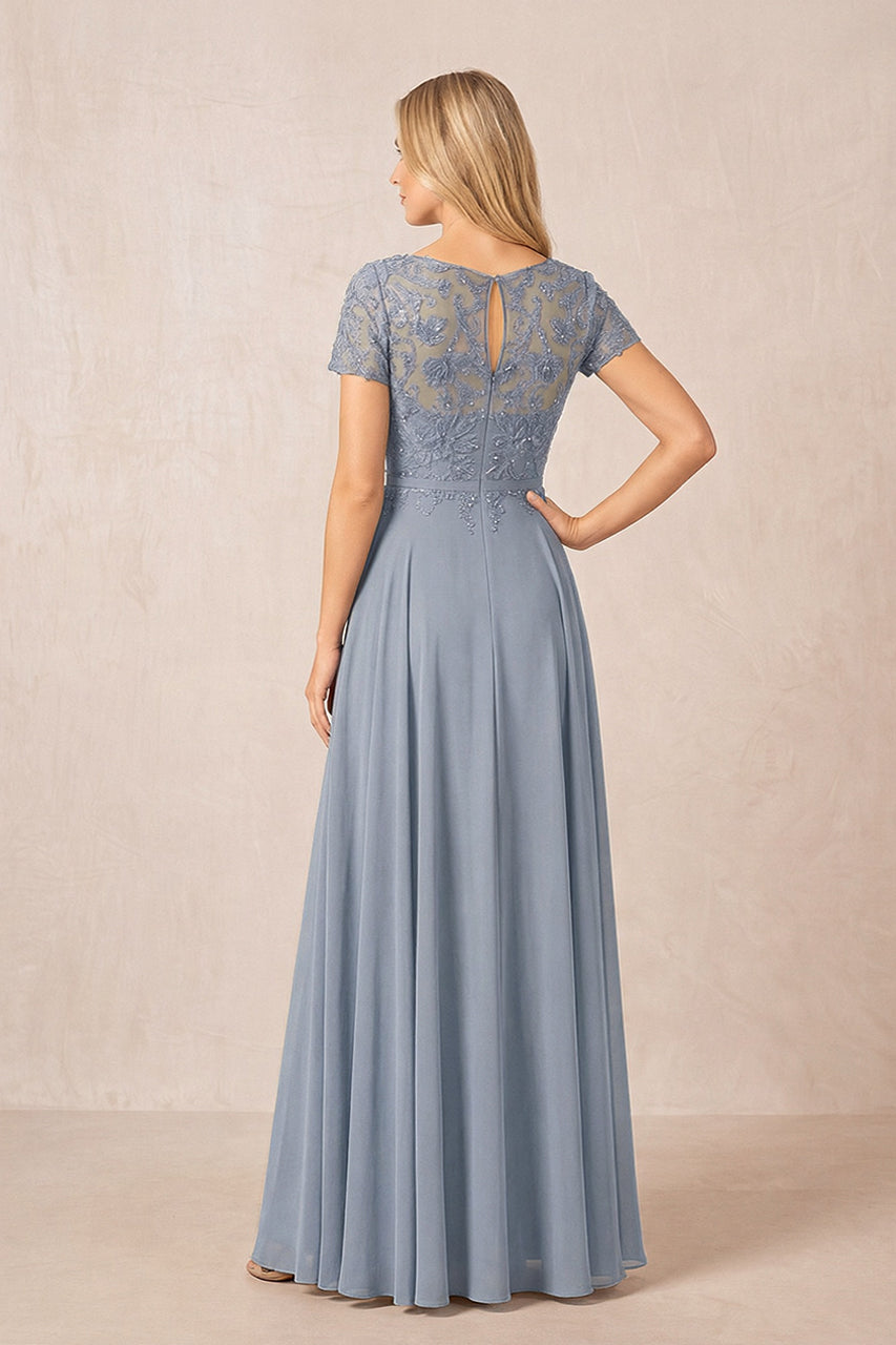 Dusty Blue Boat Neck Chiffon A-Line Embroidered Mother of the Bride Dress with Sleeves