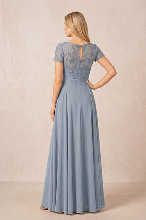 Dusty Blue Boat Neck Chiffon A-Line Embroidered Mother of the Bride Dress with Sleeves (2) | KISSBRIDAL