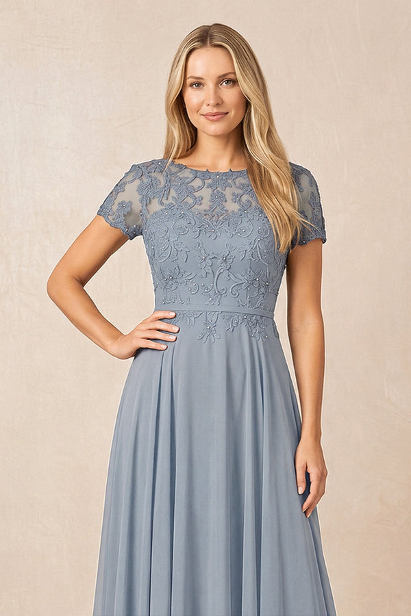 Dusty Blue Boat Neck Chiffon A-Line Embroidered Mother of the Bride Dress with Sleeves (3) | KISSBRIDAL