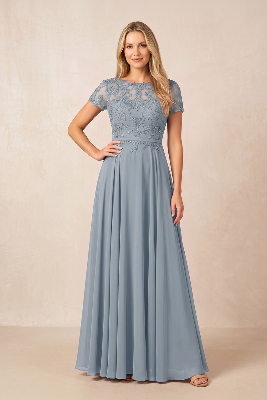 Dusty Blue Boat Neck Chiffon A-Line Embroidered Mother of the Bride Dress with Sleeves