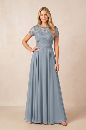 Dusty Blue Boat Neck Chiffon A-Line Embroidered Mother of the Bride Dress with Sleeves | KISSBRIDAL