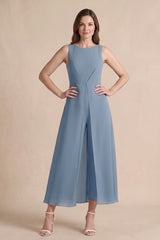 Dusty Blue Boat Neck Chiffon Midi Mother of the Bride Jumpsuit | KISSBRIDAL