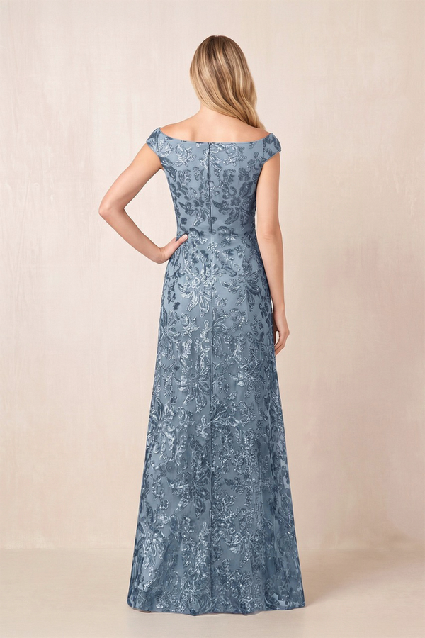 Dusty Blue Boat Neck Sheath Cap Sleeves Embroidered Mother of the Bride Dress (2) | KISSBRIDAL