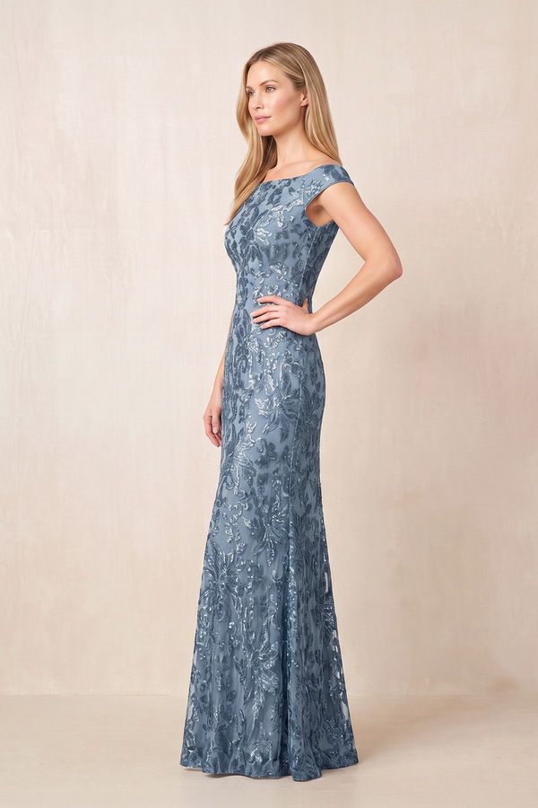 Dusty Blue Boat Neck Sheath Cap Sleeves Embroidered Mother of the Bride Dress (3) | KISSBRIDAL