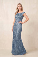 Dusty Blue Boat Neck Sheath Cap Sleeves Embroidered Mother of the Bride Dress | KISSBRIDAL