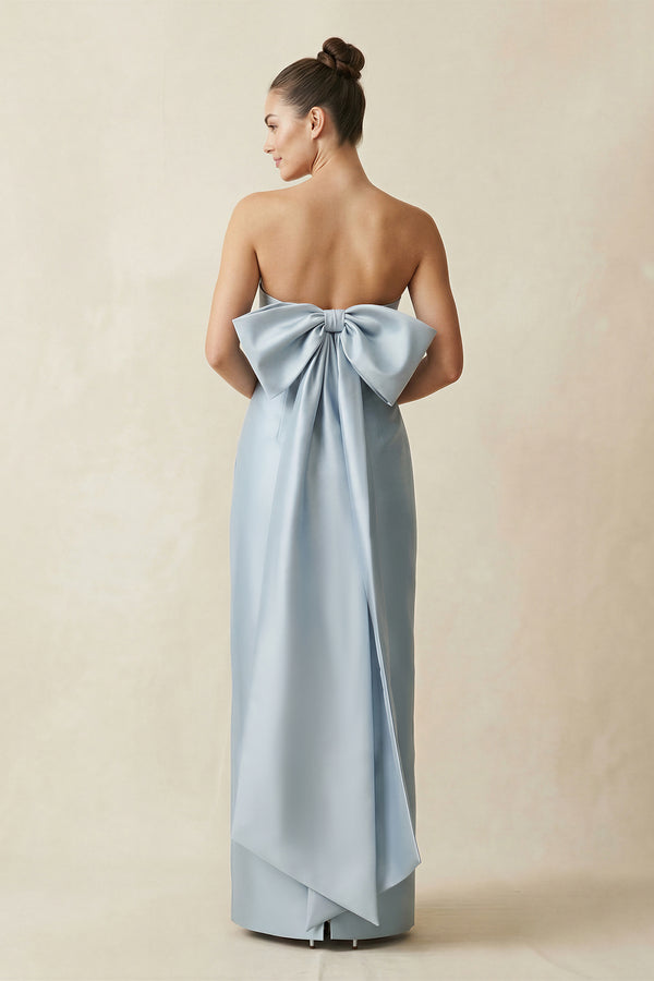 Dusty Blue Bowknot Strapless Satin Sheath Bridesmaid Dress (2) | KISSBRIDAL