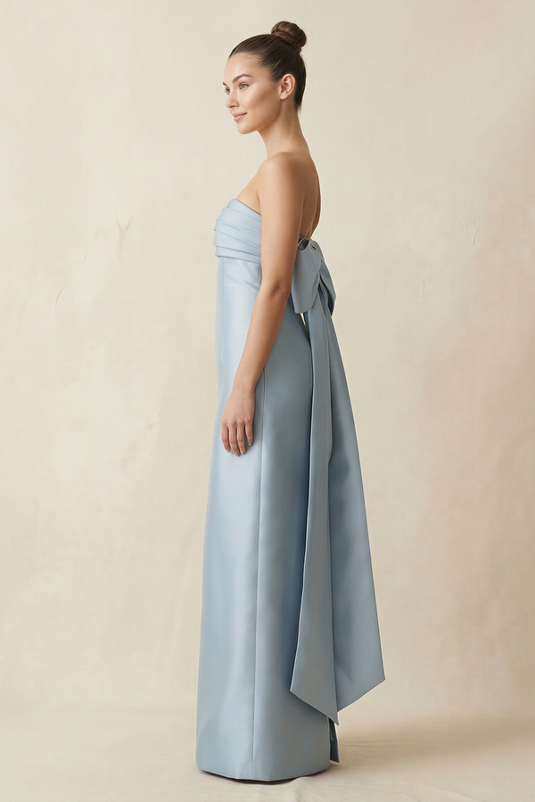 Dusty Blue Bowknot Strapless Satin Sheath Bridesmaid Dress (3) | KISSBRIDAL