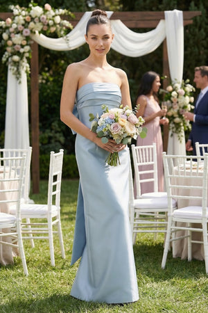 Dusty Blue Bowknot Strapless Satin Sheath Bridesmaid Dress (4) | KISSBRIDAL