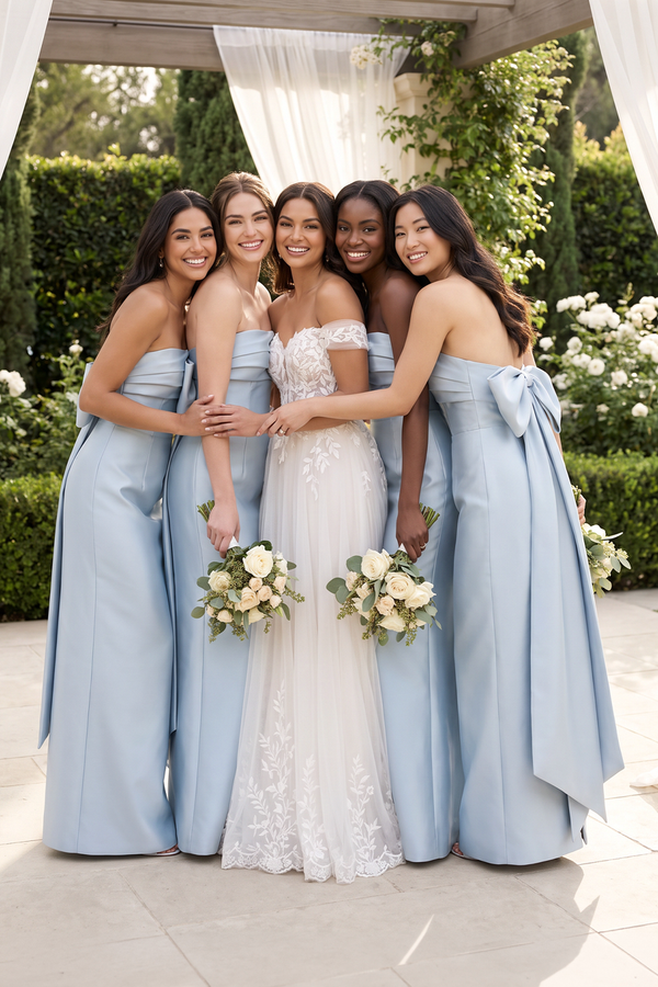 Dusty Blue Bowknot Strapless Satin Sheath Bridesmaid Dress (5) | KISSBRIDAL