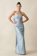 Dusty Blue Bowknot Strapless Satin Sheath Bridesmaid Dress | KISSBRIDAL