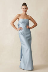 Dusty Blue Bowknot Strapless Satin Sheath Bridesmaid Dress | KISSBRIDAL