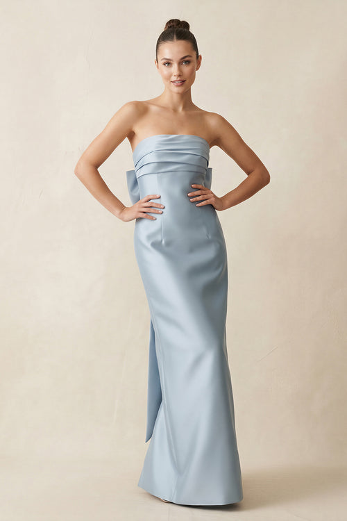Dusty Blue Bowknot Strapless Satin Sheath Bridesmaid Dress | KISSBRIDAL