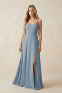 Dusty Blue Cami Strap A-Line Chiffon Bridesmaid Dress with Slit | KISSBRIDAL
