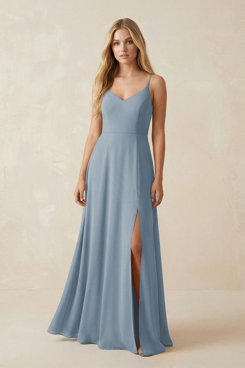 Dusty Blue Cami Strap A-Line Chiffon Bridesmaid Dress with Slit | KISSBRIDAL