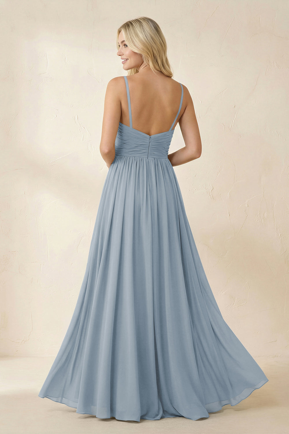 Cami Strap Chiffon A-Line Bridesmaid Dress with Slit in Dusty Blue