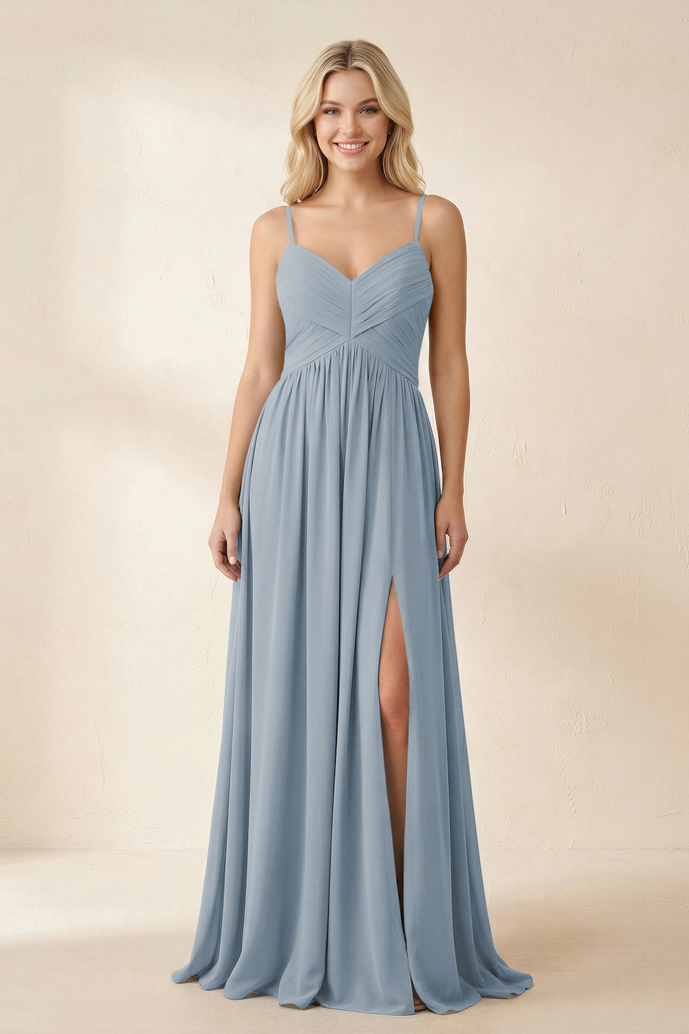 Cami Strap Chiffon A-Line Bridesmaid Dress with Slit in Dusty Blue